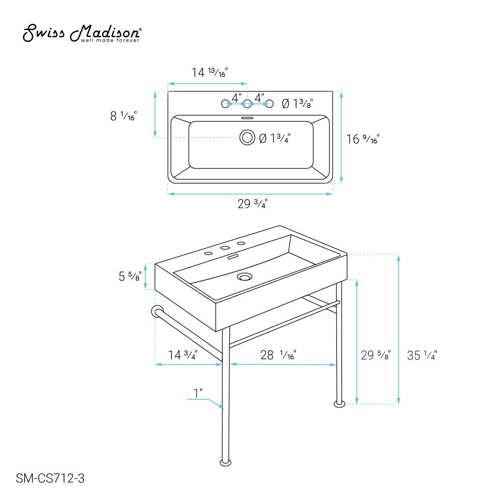 Claire 30" Console Sink White Basin Chrome Legs with 8" Widespread Holes