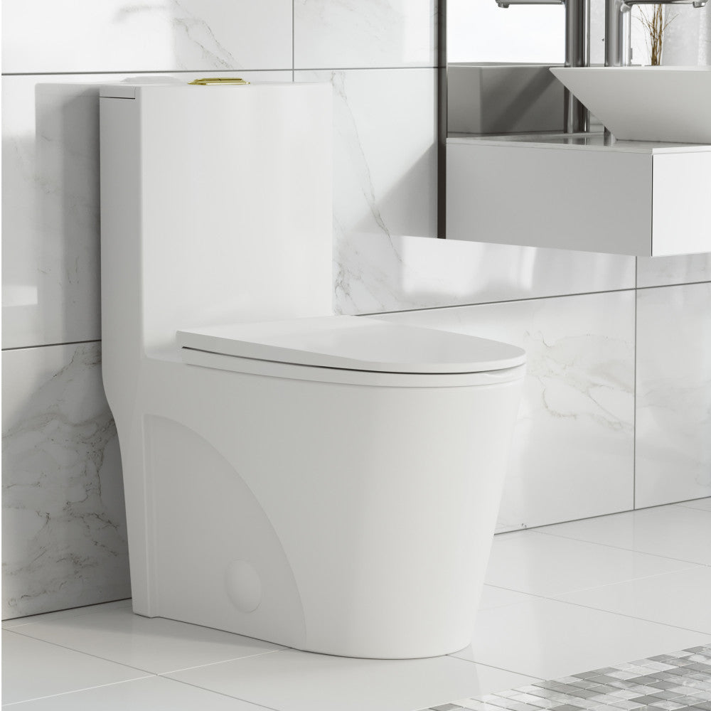 St. Tropez One Piece Elongated Toilet Dual Vortex Flush, Gold Hardware