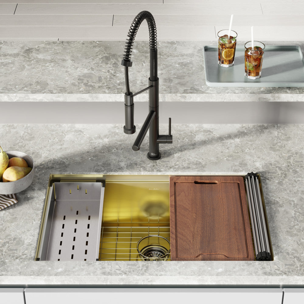 Tourner 32 x 19 Stainless Steel, Single Basin, Undermount Kitchen Workstation Sink in Gold