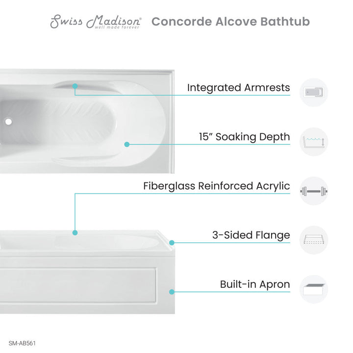 Concorde 60" x 32" Acrylic Glossy White, Alcove, Integral, Left-Hand Drain, Apron Bathtub