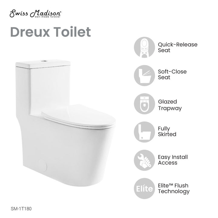 Dreux High Efficiency One-Piece Elongated Toilet with 0.8 GPF Water Saving Patented Technology