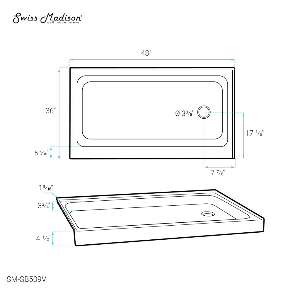 Voltaire 48" x 36" Single-Threshold, Right-Hand Drain, Shower Base in Biscuit