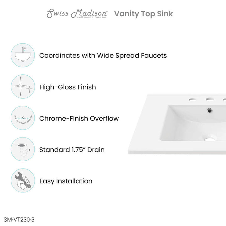 30" Vanity Top Bathroom Sink with 3 Holes