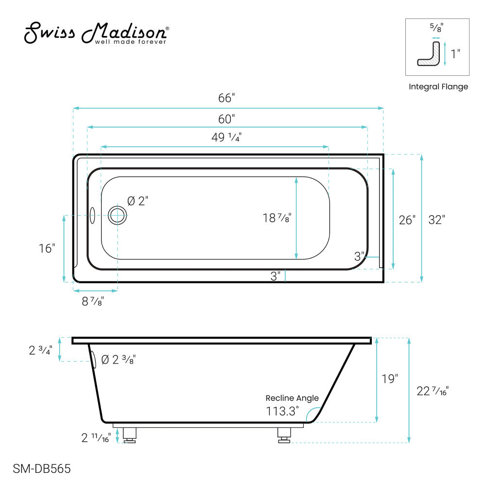Voltaire 66" x 32" Left-Hand Drain Alcove Bathtub