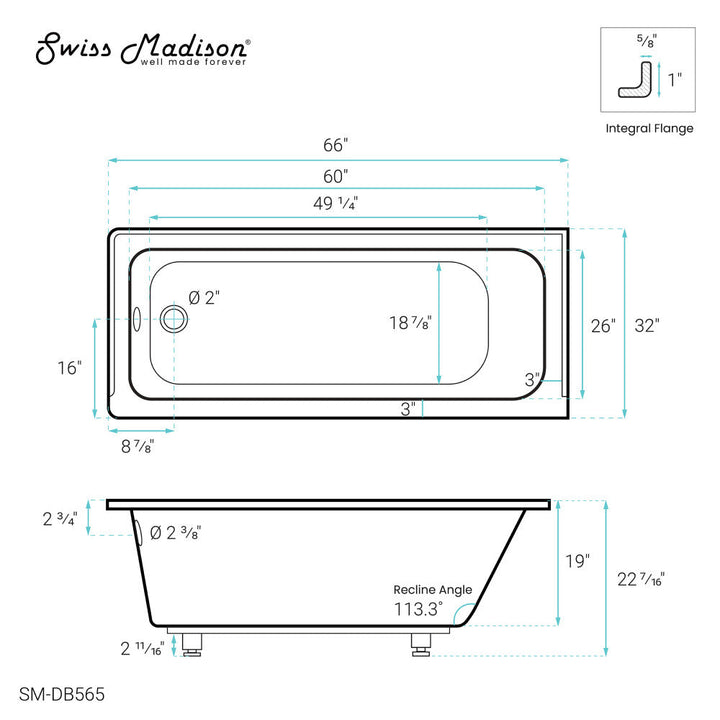 Voltaire 66" x 32" Left-Hand Drain Alcove Bathtub