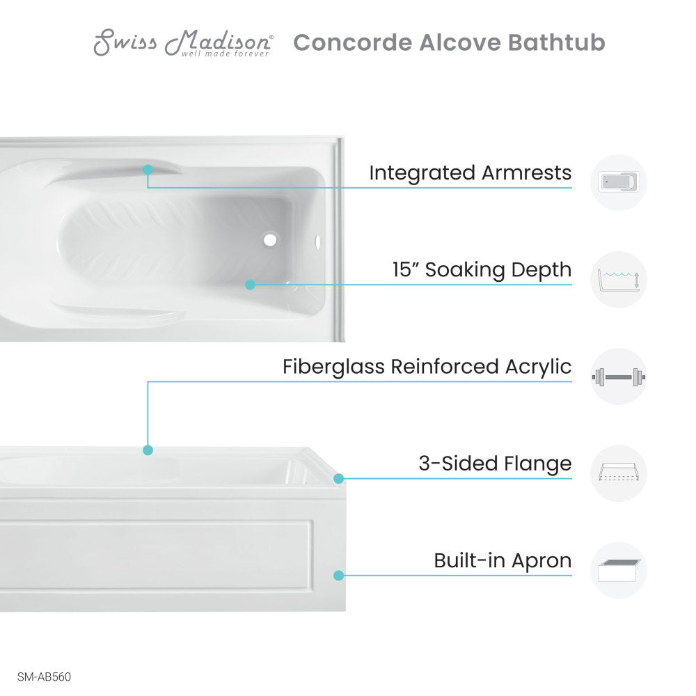 Concorde 60" x 32" Acrylic Glossy White, Alcove, Integral, Right-Hand Drain, Apron Bathtub