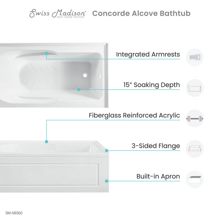 Concorde 60" x 32" Acrylic Glossy White, Alcove, Integral, Right-Hand Drain, Apron Bathtub