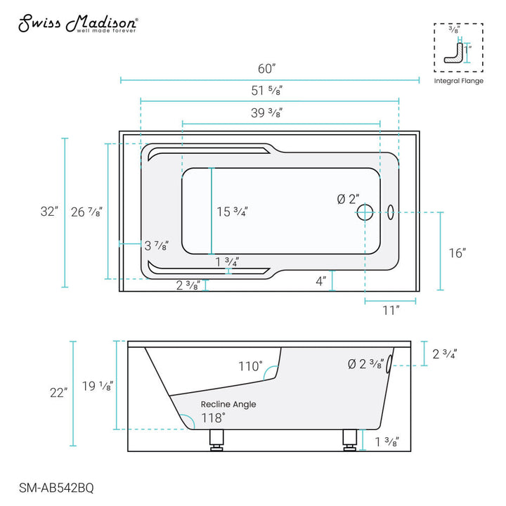 Voltaire 60" x 32" Right-Hand Drain Alcove Bathtub with Apron in Bisque