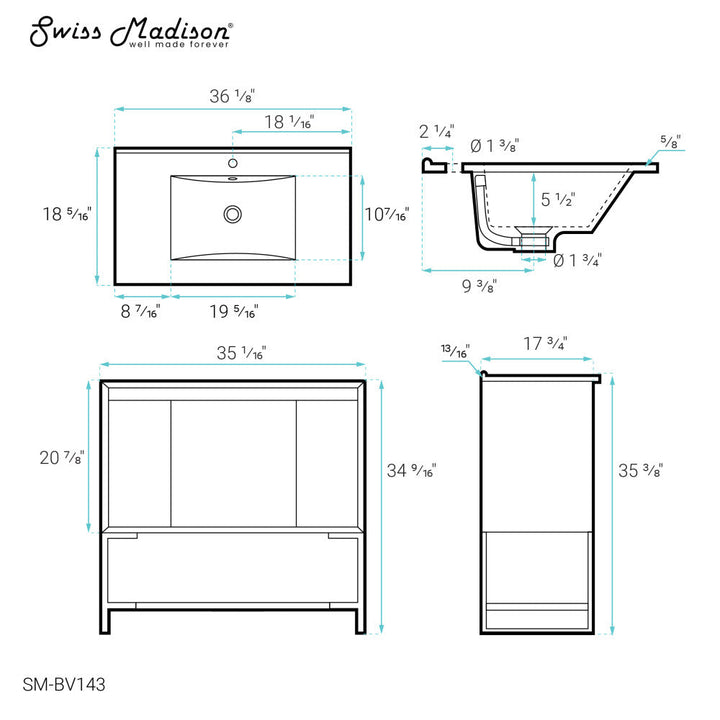 Marseille 36 Single, Two Doors, One drawer, Open Shelf Bathroom Vanity