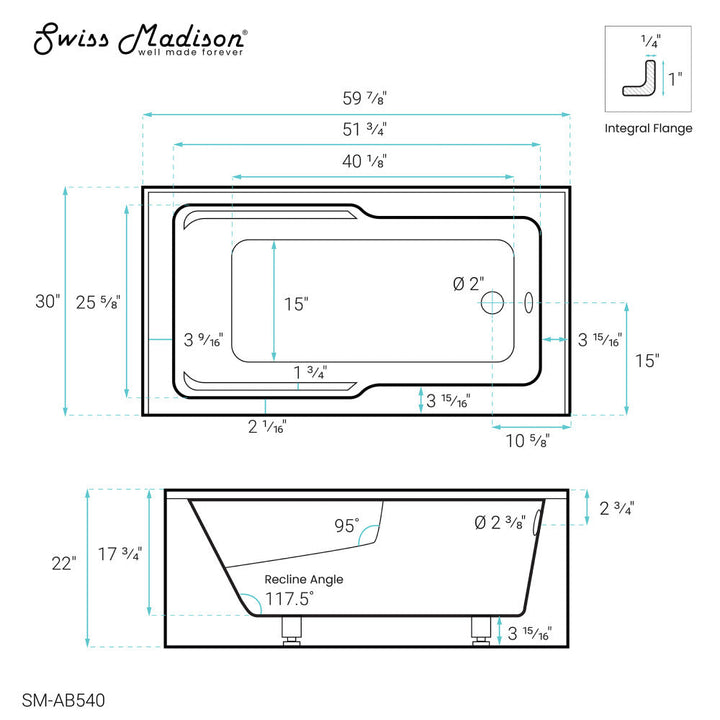 Voltaire 60" x 30" Right-Hand Drain Alcove Bathtub with Apron and Armrest