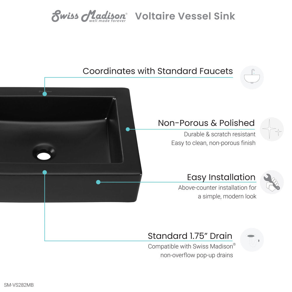 Voltaire Ceramic Rectangle Vessel Sink, Matte Black