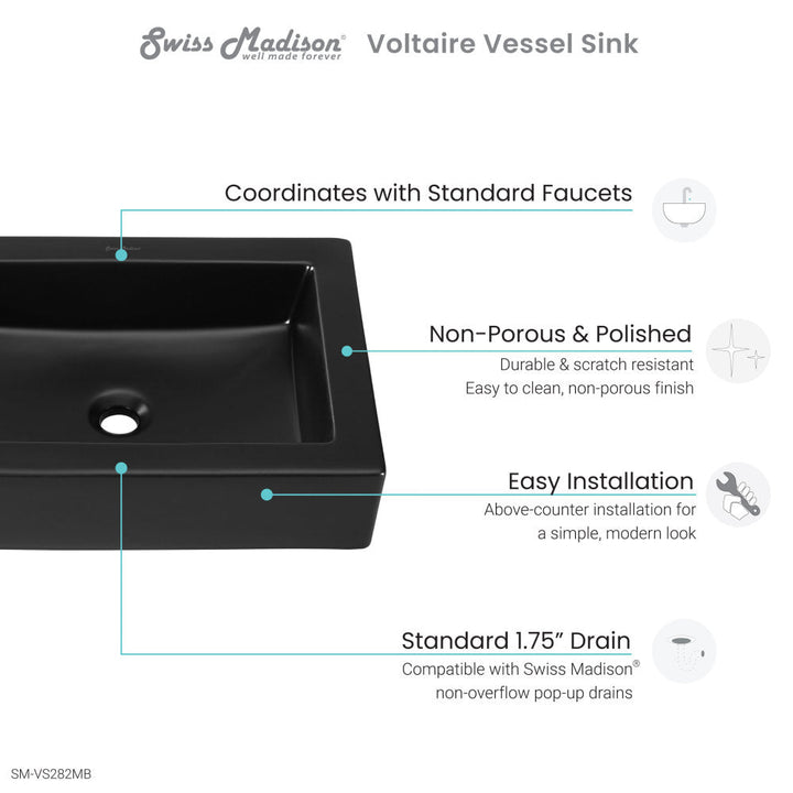 Voltaire Ceramic Rectangle Vessel Sink, Matte Black
