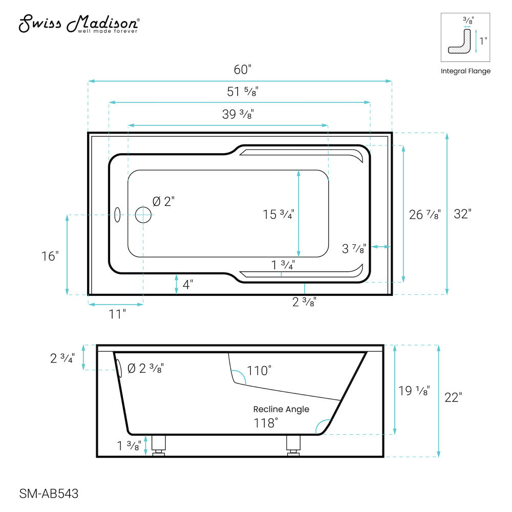Voltaire 60" x 32" Left-Hand Drain Alcove Bathtub with Apron and Armrest