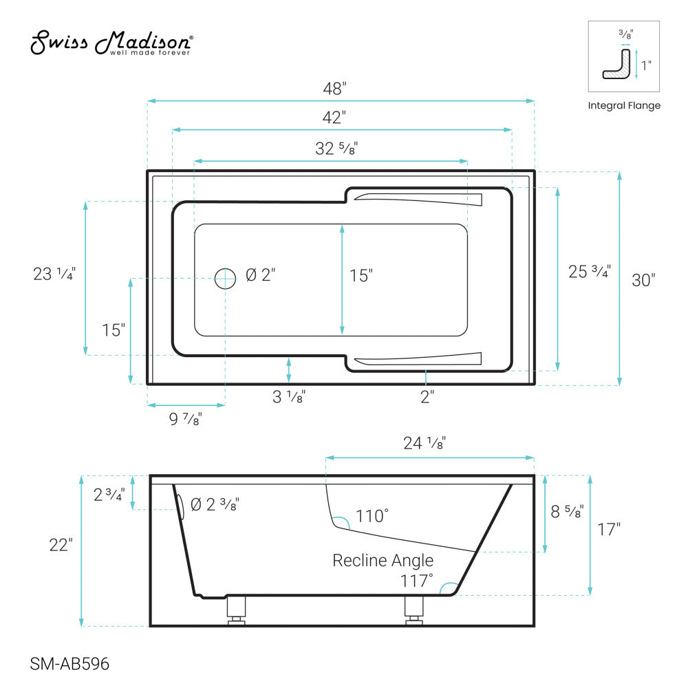 Voltaire 48" x 30" Left-Hand Drain Alcove Integrated Armrest Bathtub with Apron