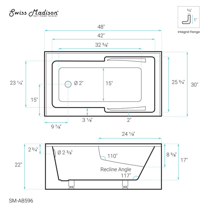 Voltaire 48" x 30" Left-Hand Drain Alcove Integrated Armrest Bathtub with Apron
