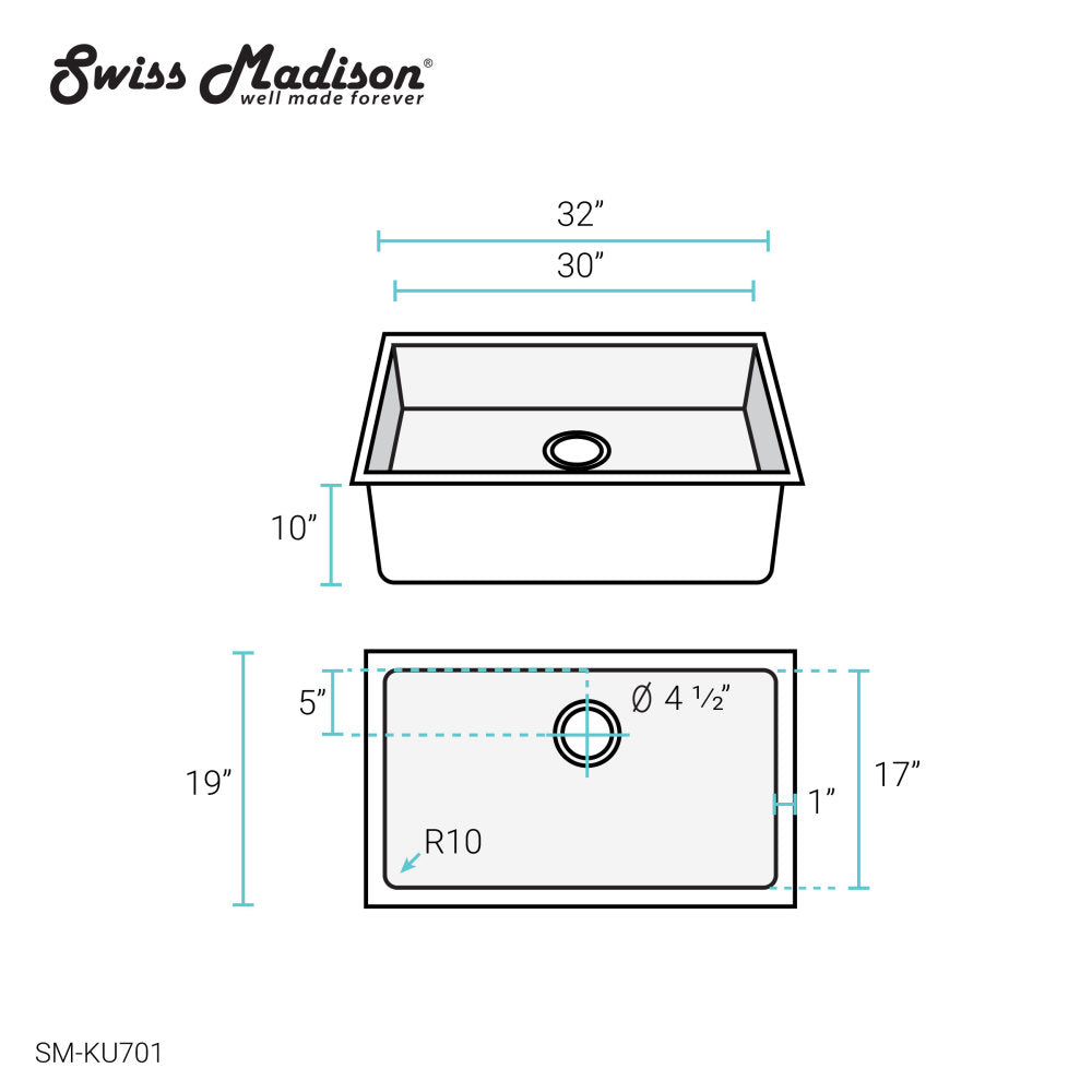 Rivage 32 x 19 Stainless Steel, Single Basin, Undermount Kitchen Sink
