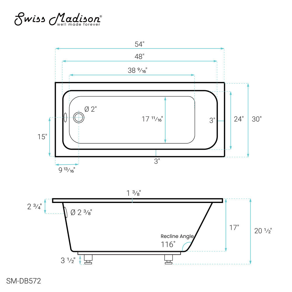 Voltaire 54" x 30" Reversible Drain Drop-In Bathtub