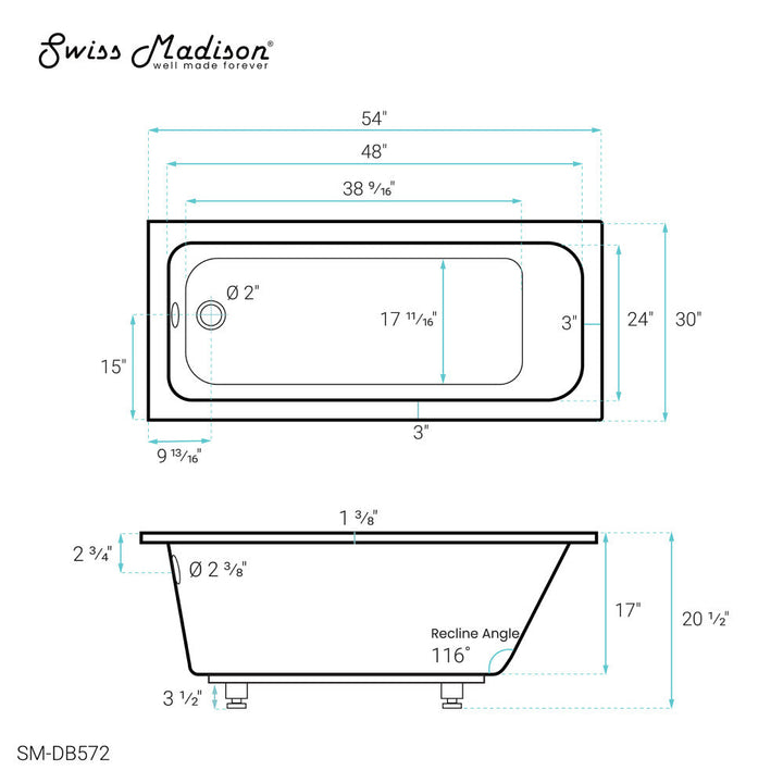 Voltaire 54" x 30" Reversible Drain Drop-In Bathtub