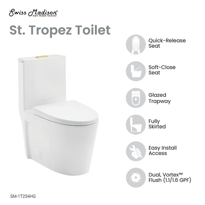 St. Tropez One Piece Elongated Toilet Dual Vortex Flush, Gold Hardware