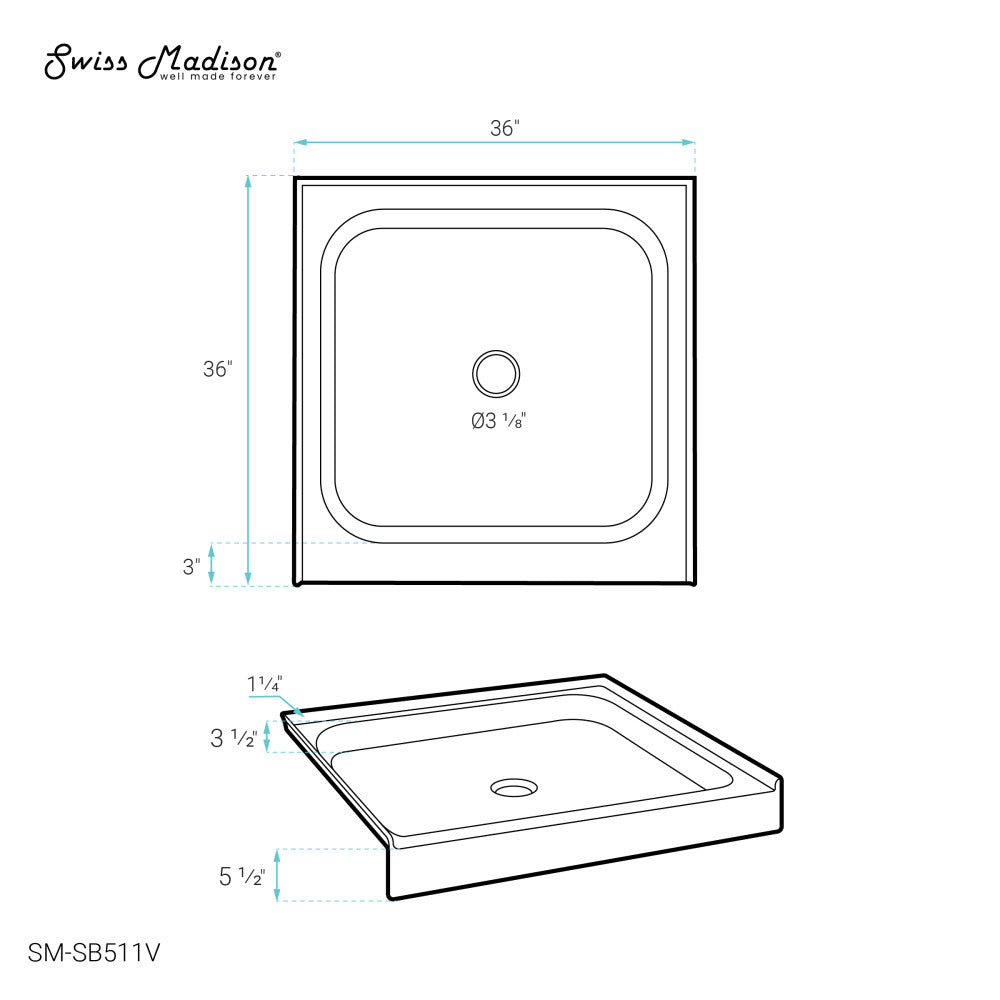 Voltaire 36" x 36" Single-Threshold, Center Drain, Shower Base in Biscuit
