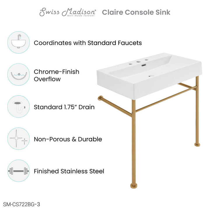 Claire 30" Console Sink White Basin Brushed Gold Legs with 8" Widespread Holes