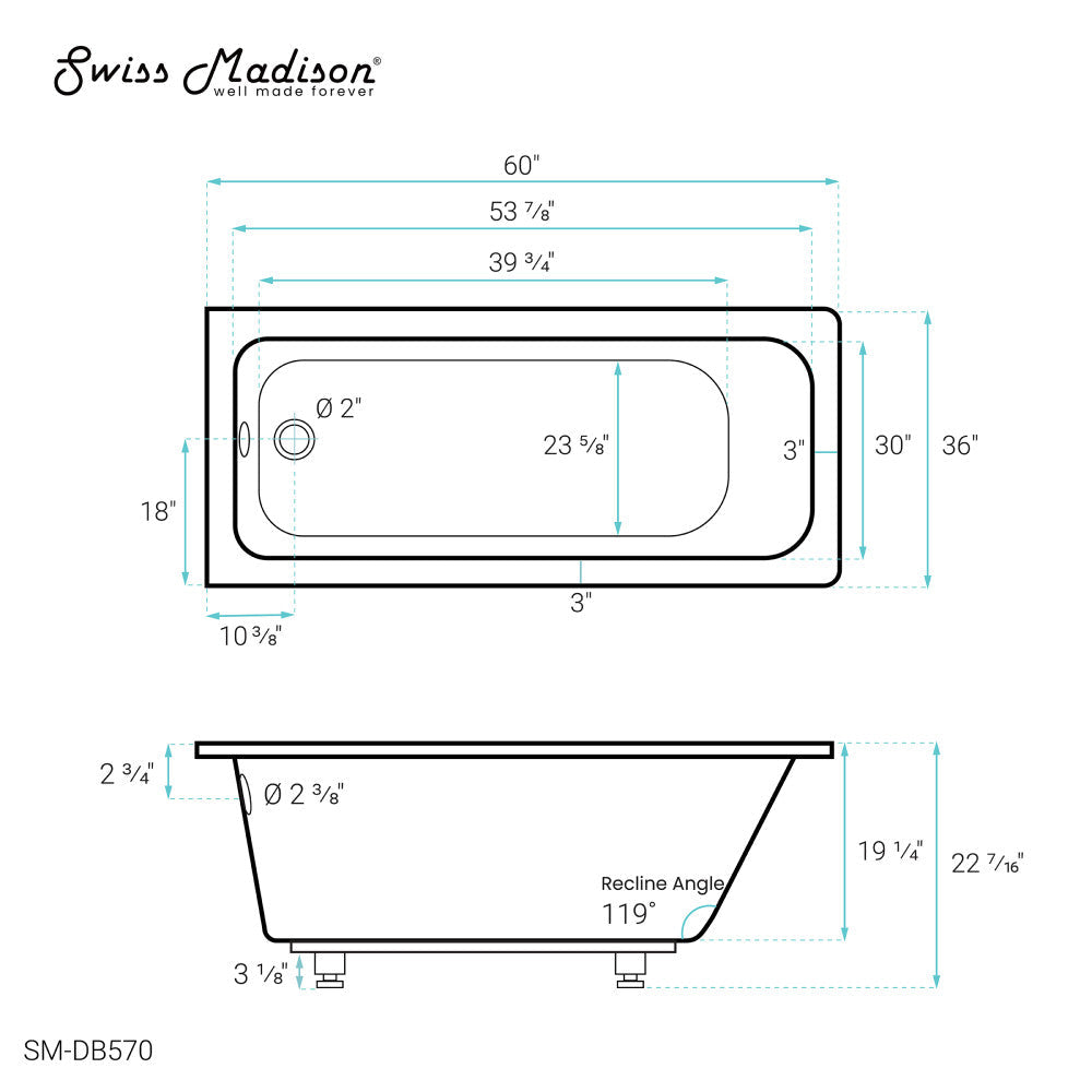 Voltaire 60" x 36" Reversible Drain Drop-In Bathtub