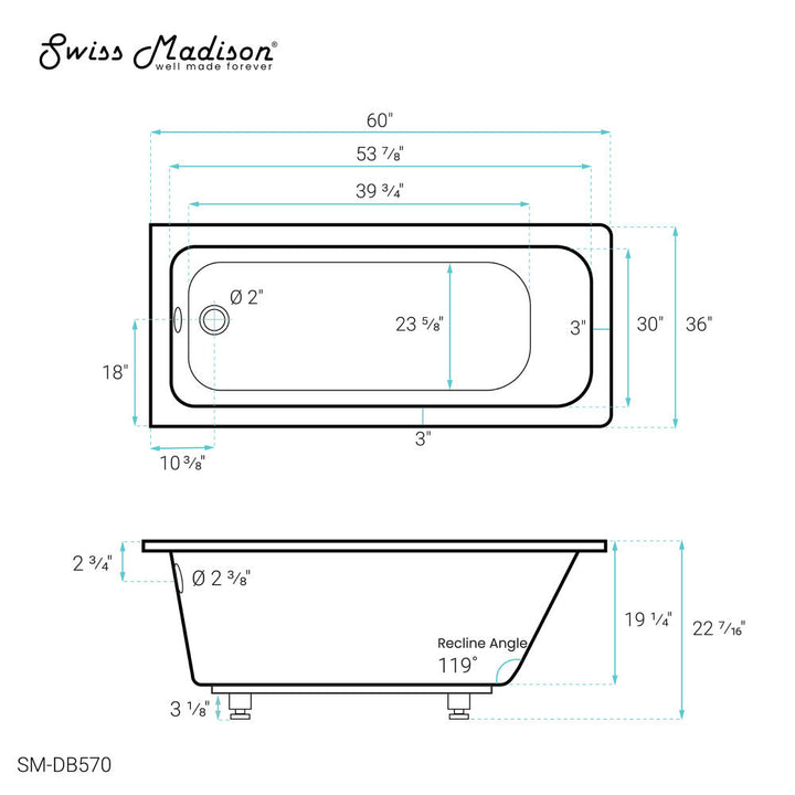 Voltaire 60" x 36" Reversible Drain Drop-In Bathtub