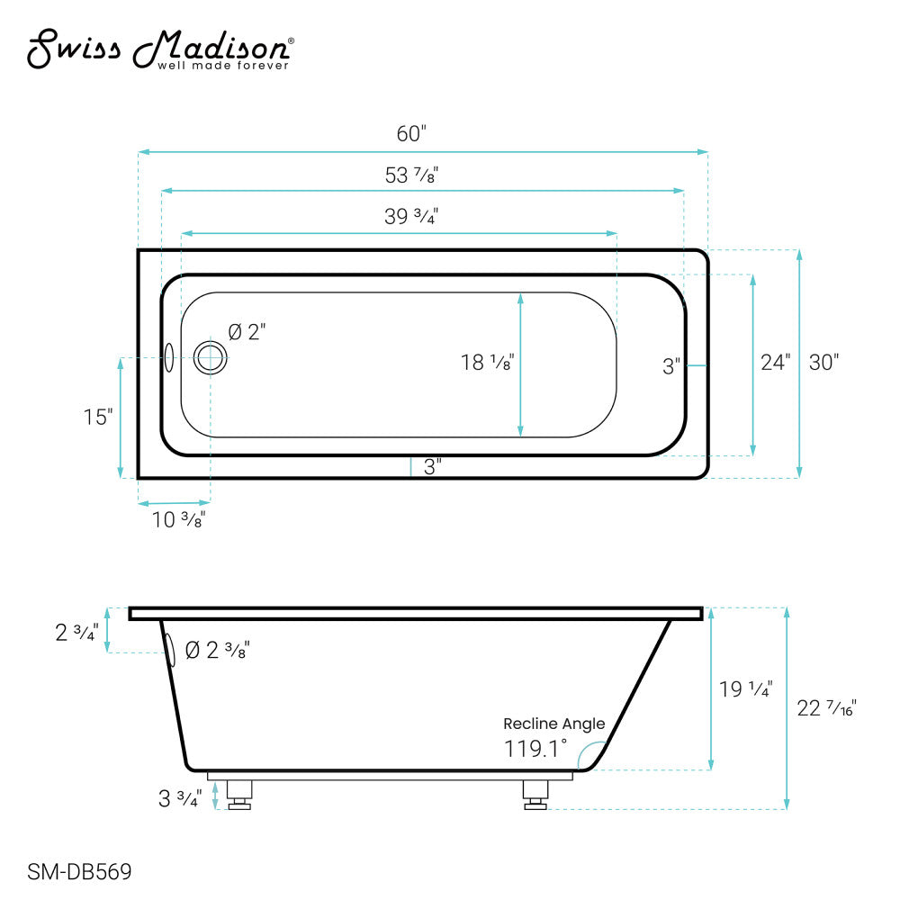Voltaire 60" x 30" Reversible Drain Drop-In Bathtub