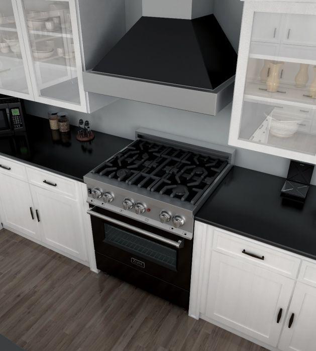 ZLINE 30 in. Professional Gas Burner/Electric Oven in DuraSnow® Stainless with Black Matte Door, RAS-BLM-30