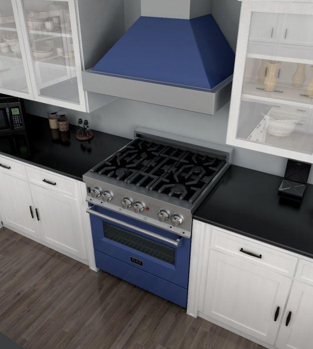 ZLINE 30 in. Professional Gas Burner/Electric Oven in DuraSnow® Stainless with Blue Matte Door, RAS-BM-30