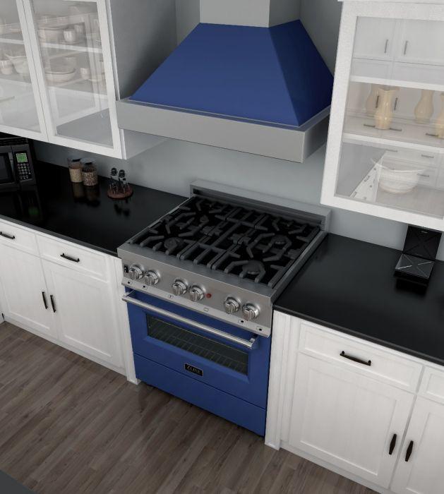ZLINE 30 in. Professional Gas Burner/Electric Oven in DuraSnow® Stainless with Blue Gloss Door, RAS-BG-30