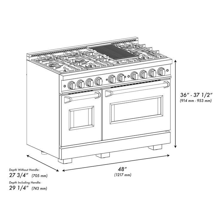 ZLINE Autograph 48" 6.7 cu. ft. Classic Double Oven Dual Fuel Range with 8 Burners in Black Stainless Steel and Polished Gold Accents, CDRBZ-48-G