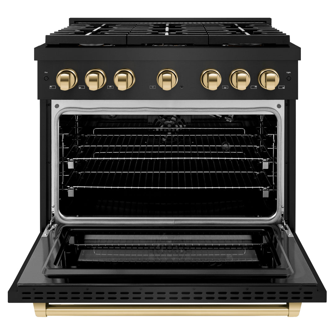 ZLINE Autograph 36" 5.2 cu. ft. Paramount Gas Range with Convection Gas Oven in Black Stainless Steel and Gold Accents, SGRBZ-36-G