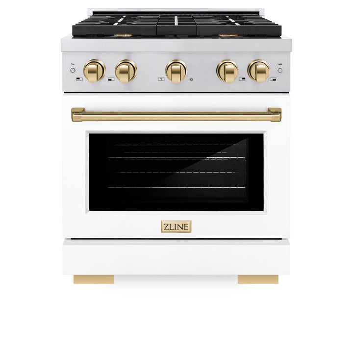 ZLINE Autograph 30" 4.2 cu. ft. Paramount Gas Range with Convection Gas Oven in Stainless Steel with White Matte Door and Gold Accents, SGRZ-WM-30-G