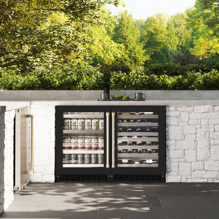 ZLINE Autograph 24" Touchstone 151 Can Beverage Fridge with Black Matte Glass Door and Champagne Bronze Handle, RBSOZ-BLM-24-CB