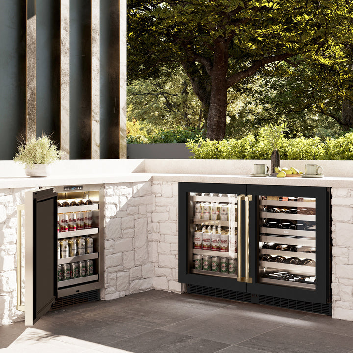 ZLINE Autograph 24" Touchstone Dual Zone 44 Bottle Wine Cooler with Black Matte Glass Door and Champagne Bronze Handle, RWDOZ-BLM-24-CB