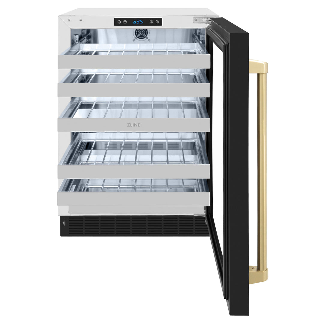 ZLINE Autograph 24" Touchstone Dual Zone 44 Bottle Wine Cooler with Black Matte Glass Door and Champagne Bronze Handle, RWDOZ-BLM-24-CB