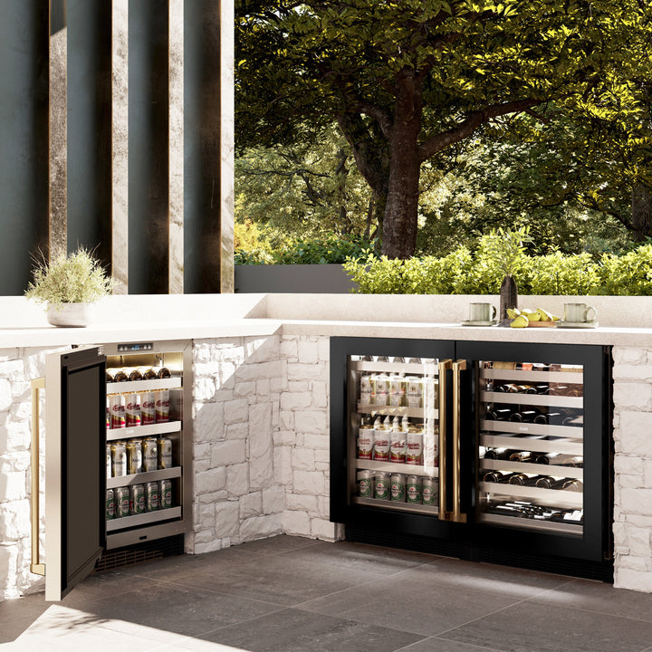 ZLINE Autograph 24" Touchstone Dual Zone 44 Bottle Wine Cooler with Black Stainless Steel Glass Door and Polished Gold Handle, RWDOZ-BS-24-G