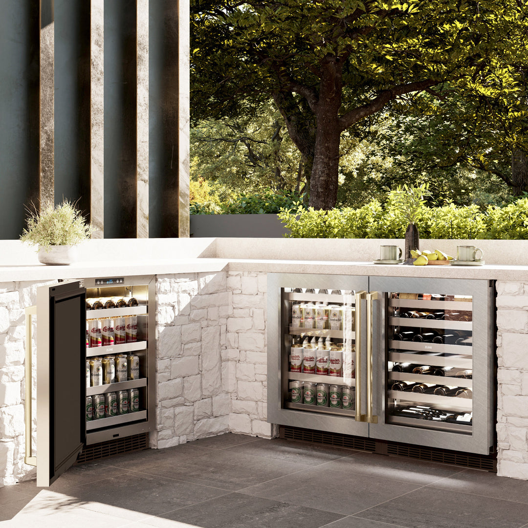 ZLINE Autograph 24" Touchstone 151 Can Beverage Fridge with DuraSnow® Stainless Steel Glass Door and Champagne Bronze Handle, RBSOZ-SN-24-CB