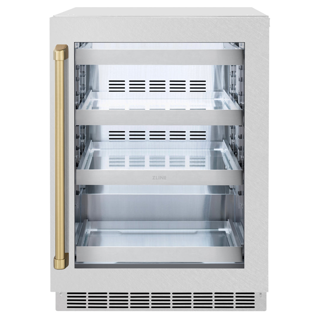 ZLINE Autograph 24" Touchstone 151 Can Beverage Fridge with DuraSnow® Stainless Steel Glass Door and Champagne Bronze Handle, RBSOZ-SN-24-CB