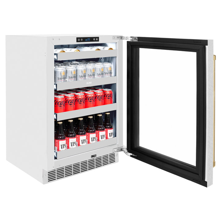 ZLINE Autograph 24" Touchstone 151 Can Beverage Fridge with DuraSnow® Stainless Steel Glass Door and Polished Gold Handle, RBSOZ-SN-24-G