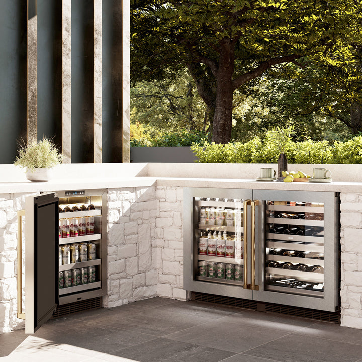 ZLINE Autograph 24" Touchstone Dual Zone 44 Bottle Wine Cooler with DuraSnow® Stainless Steel Glass Door and Polished Gold Handle, RWDOZ-SN-24-G