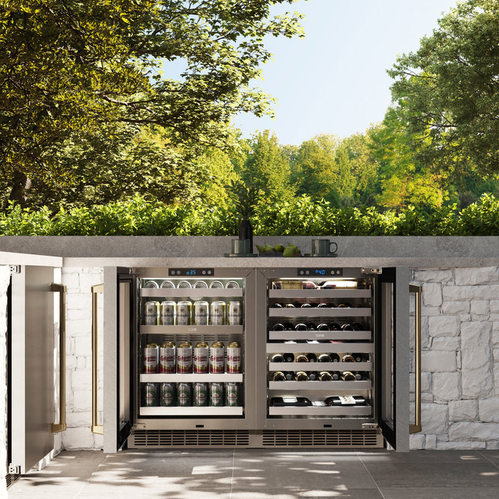 ZLINE Autograph 24" Touchstone Dual Zone 44 Bottle Wine Cooler with DuraSnow® Stainless Steel Glass Door and Polished Gold Handle, RWDOZ-SN-24-G