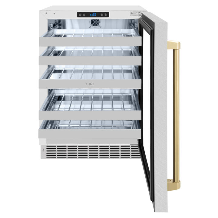 ZLINE Autograph 24" Touchstone Dual Zone 44 Bottle Wine Cooler with DuraSnow® Stainless Steel Glass Door and Champagne Bronze Handle, RWDOZ-SN-24-CB