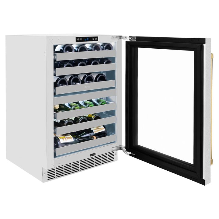 ZLINE Autograph 24" Touchstone Dual Zone 44 Bottle Wine Cooler with DuraSnow® Stainless Steel Glass Door and Polished Gold Handle, RWDOZ-SN-24-G