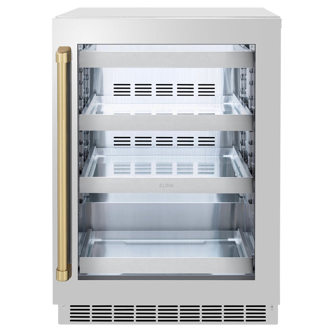 ZLINE Autograph 24" Touchstone 151 Can Beverage Fridge with Stainless Steel Glass Door and Champagne Bronze Handle,  RBSOZ-GS-24-CB