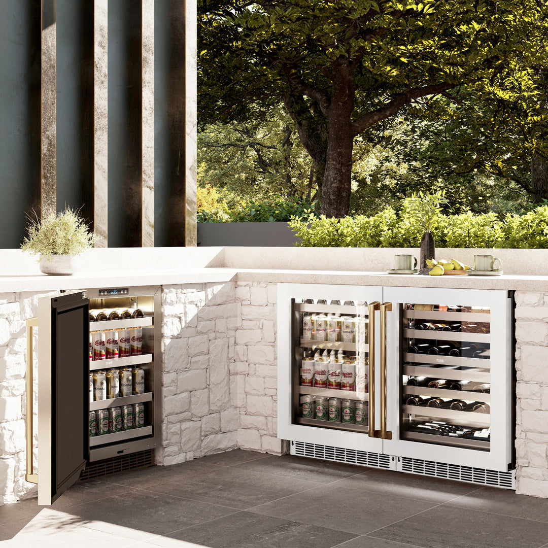ZLINE Autograph 24" Touchstone 151 Can Beverage Fridge with White Matte Glass Door and Polished Gold Handle, RBSOZ-WM-24-G