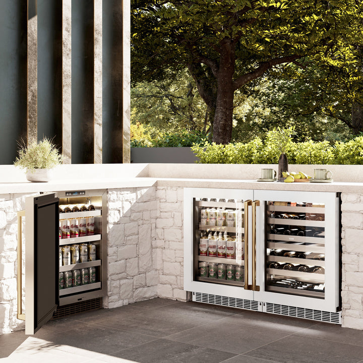 ZLINE Autograph 24" Touchstone 151 Can Beverage Fridge with White Matte Glass Door and Polished Gold Handle, RBSOZ-WM-24-G