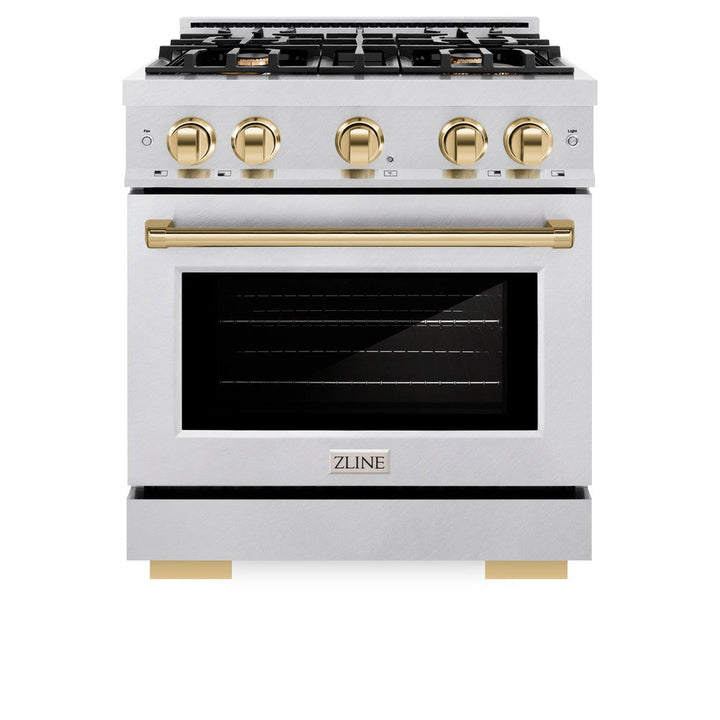ZLINE Autograph 30" 4.2 cu. ft. Select Gas Range with 4 Burners in DuraSnow® Stainless Steel and Polished Gold Accents, HGRSZ-30-G
