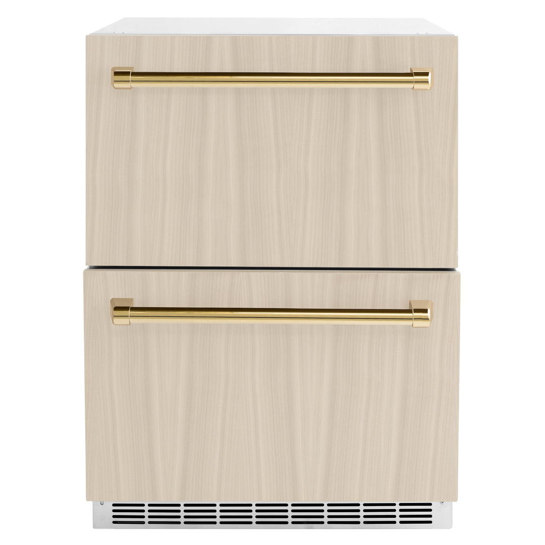 ZLINE Autograph 24" Touchstone 168 Can Outdoor-Rated Refrigerator Drawer with Panel Ready Doors and 2 Polished Gold Handles, RDSPOZ-24-G